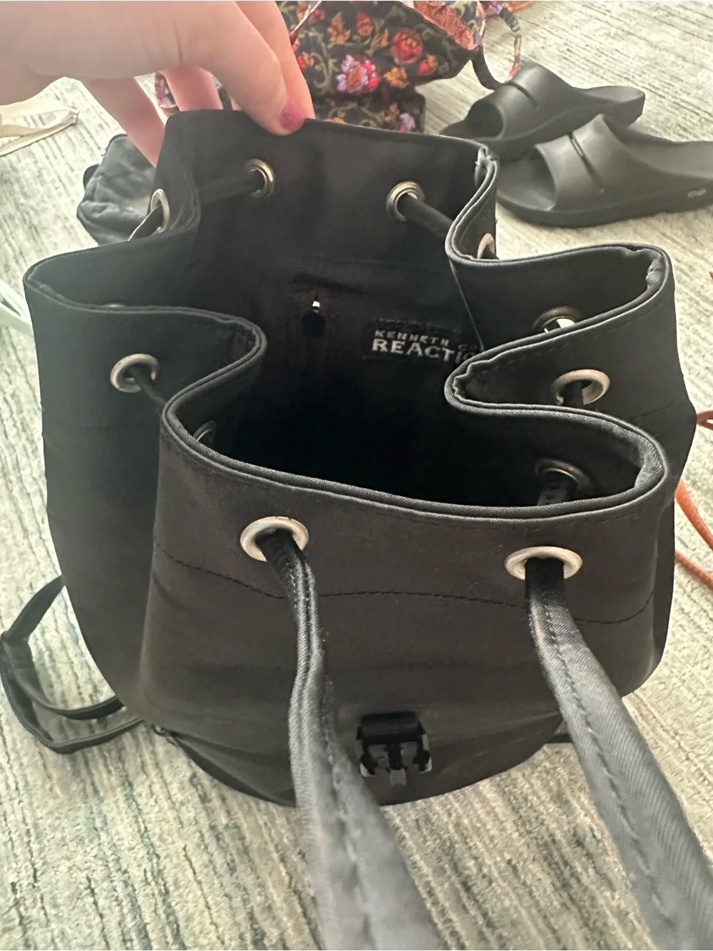 Kenneth Cole Reaction Black Nylon Drawstring Flap Backpack